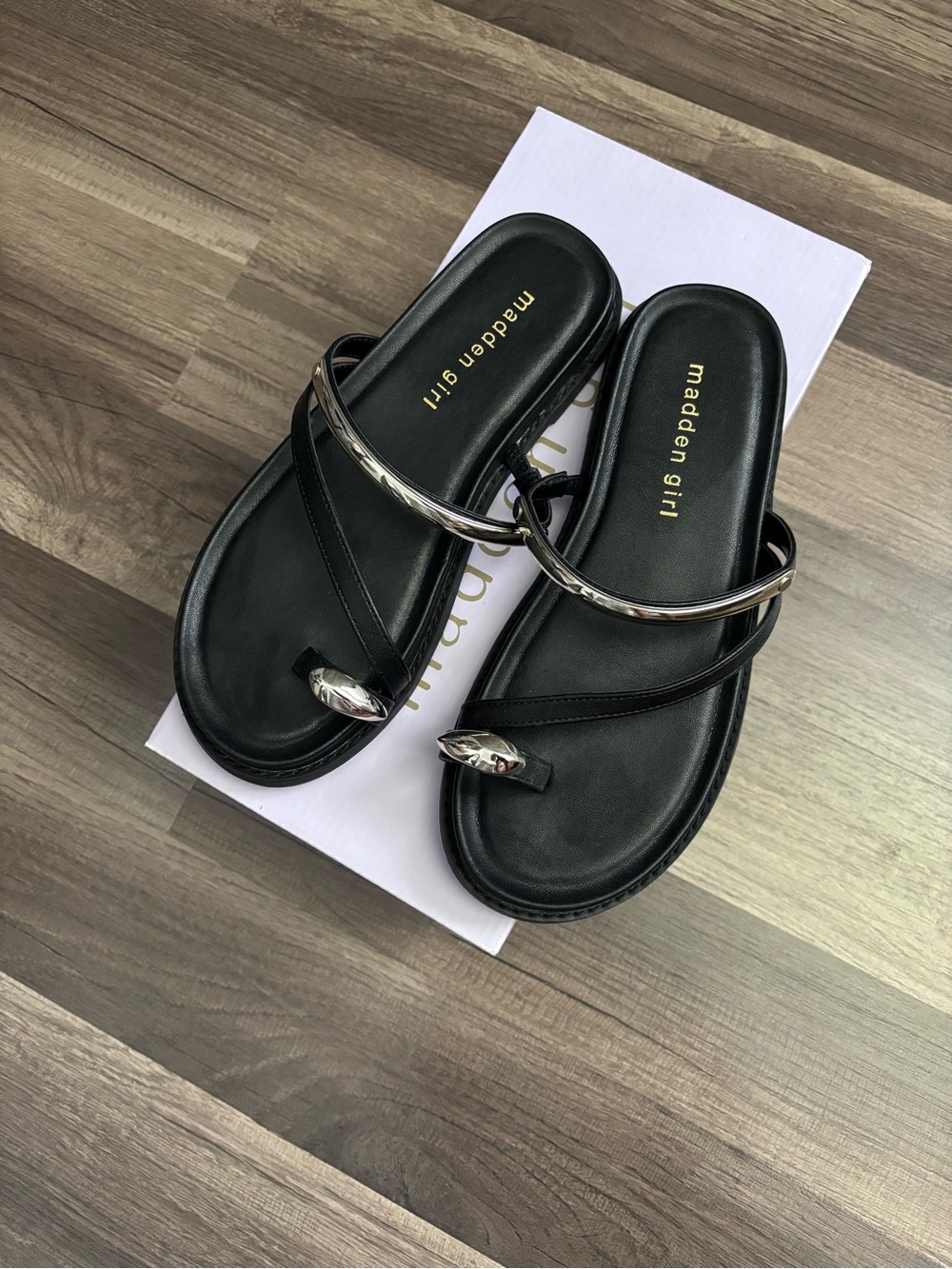 Madden Girl Black Sandals with Silver Metallic Accents